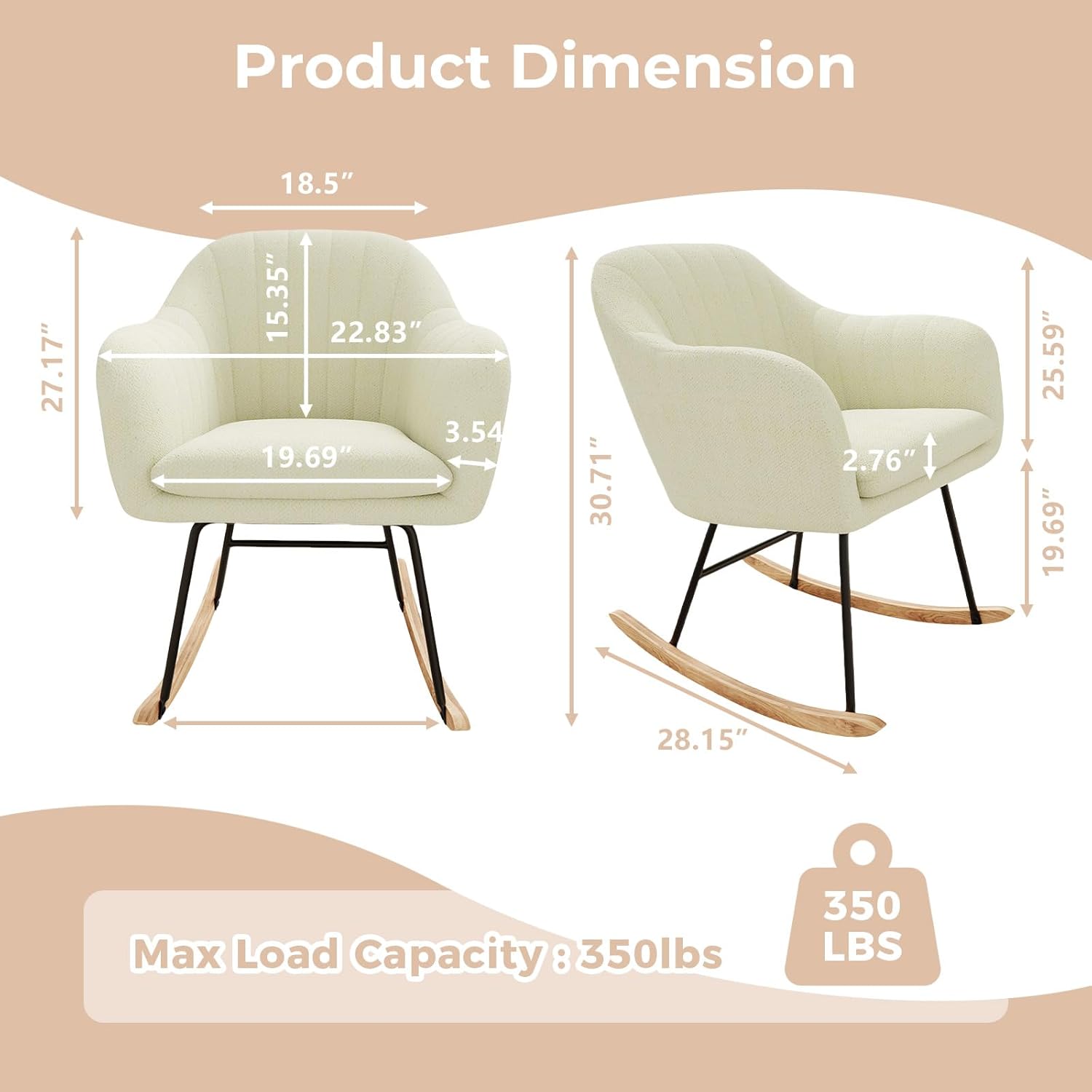 GarveeHome Nursery Rocking Chair, Upholstered Chenille Glider Rocker Chair, Modern Armchair With Wood Legs, Indoor Comfy Accent Chair Nursing Chairs Holds Up to 350 LBS for Living Room, Bedroom, Beige