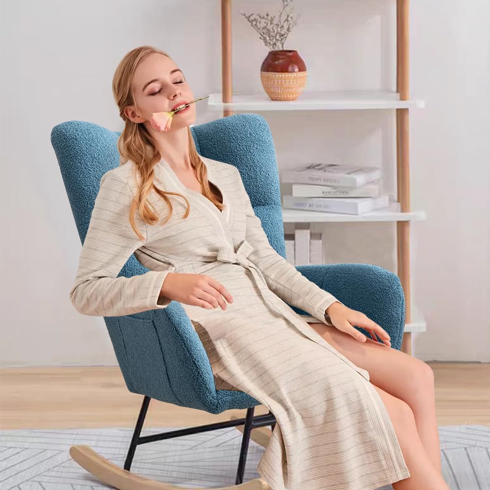 Rocking Chair Nursery, Teddy Upholstered Glider Rocker with High Backrest, Reading Chair Modern Rocking Accent Chairs Glider Recliner for Living Room, Nursery, Bedroom,Blue, W1372120796