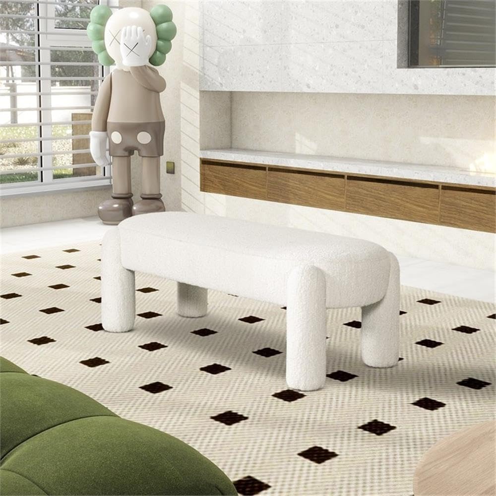 Pemberly Row 49" Oval Fully Upholstered Bench, Milk Cream White Boucle, Eucalyptus Wood Frame, Contemporary Rounded Dowel Legs, Textured Seat for Living Room, Bedroom, or Kids Room