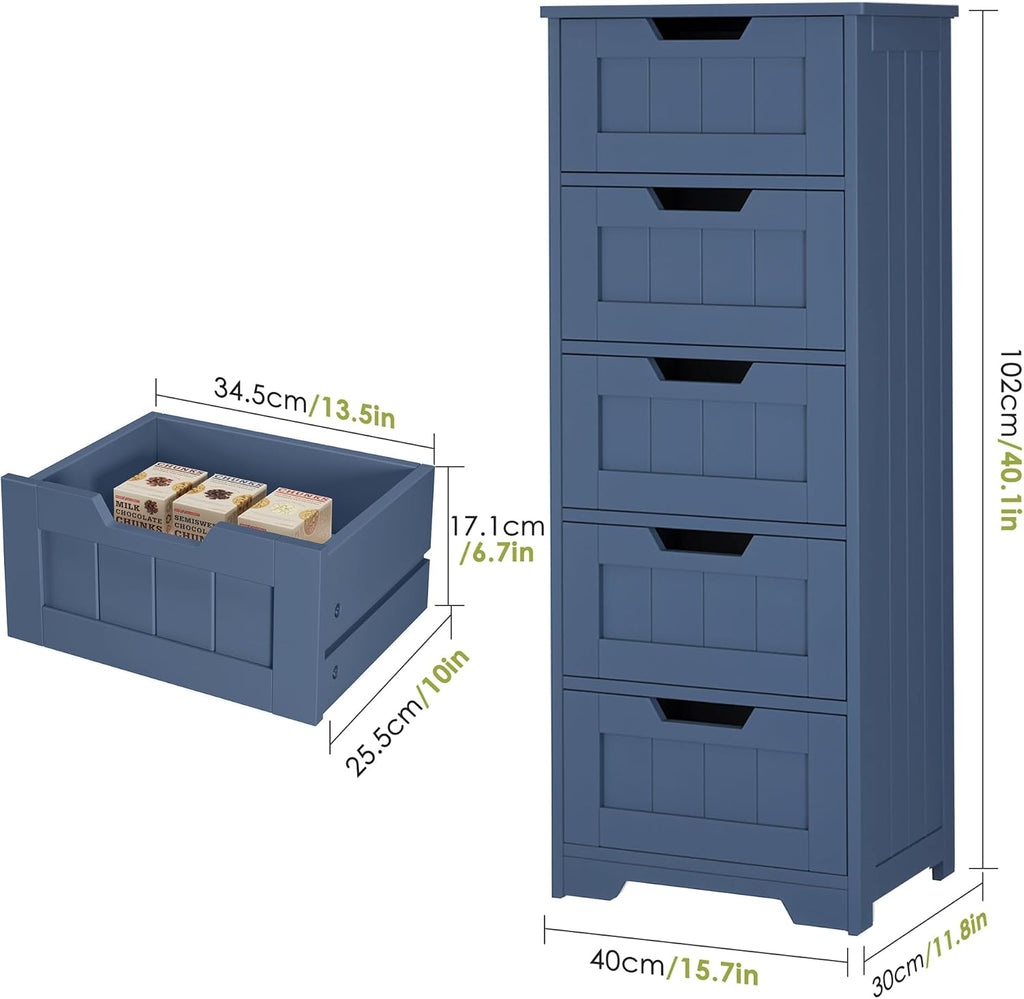 TTVIEW Bathroom Cabinet, Bathroom Storage Cabinet with 5 Drawers, Bathrooms Organizers and Storage, Bathrooms Floor Cabinets with Anti-Tipping Device for Hallway, Blue