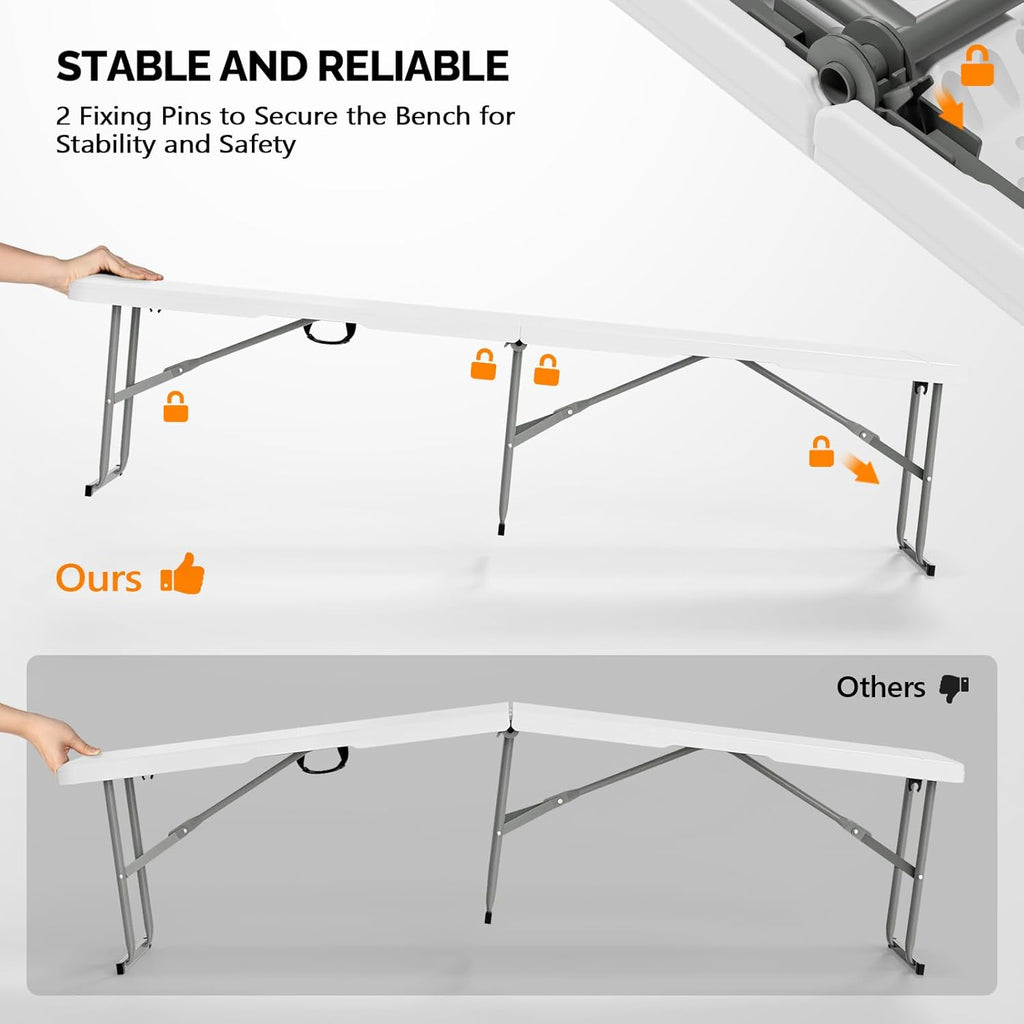 Bonnlo 6 FT Plastic Folding Bench with Handle, Sturdy Metal Frame, Perfect for Indoor/Outdoor Party, Picnic, Camping, Restaurant, Dinning Room, Cafe, Wedding and Commercial Events,1P