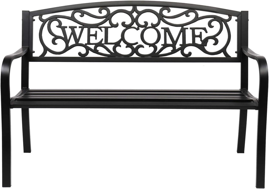 VINGLI Outdoor Bench with PVC Welcome Back Pattern, Rust-Resistant Metal Black Garden Bench, Porch Steel Bench for Patio, Porch, Park, Lawn Decor