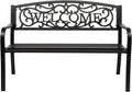 VINGLI Outdoor Bench with PVC Welcome Back Pattern, Rust-Resistant Metal Black Garden Bench, Porch Steel Bench for Patio, Porch, Park, Lawn Decor