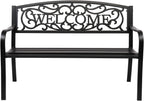 VINGLI Outdoor Bench with PVC Welcome Back Pattern, Rust-Resistant Metal Black Garden Bench, Porch Steel Bench for Patio, Porch, Park, Lawn Decor