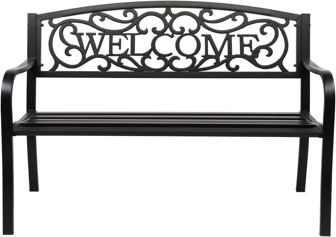 VINGLI Outdoor Bench with PVC Welcome Back Pattern, Rust-Resistant Metal Black Garden Bench, Porch Steel Bench for Patio, Porch, Park, Lawn Decor