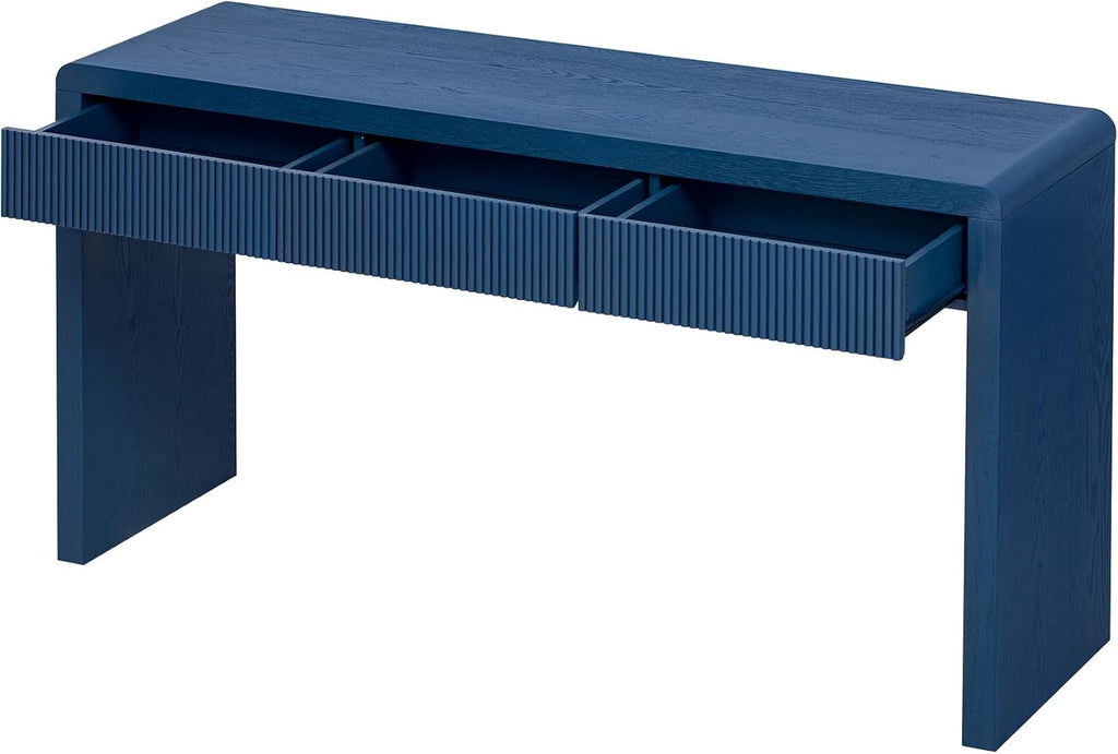 Knocbel Console Table with 3 Fluted Drawers, Rustic Sofa Tables with Solid Wood Veneer & Wood Grain for Entryway Hallway Living Room, 55.1" W x 15.8" D x 29.8" H, Navy