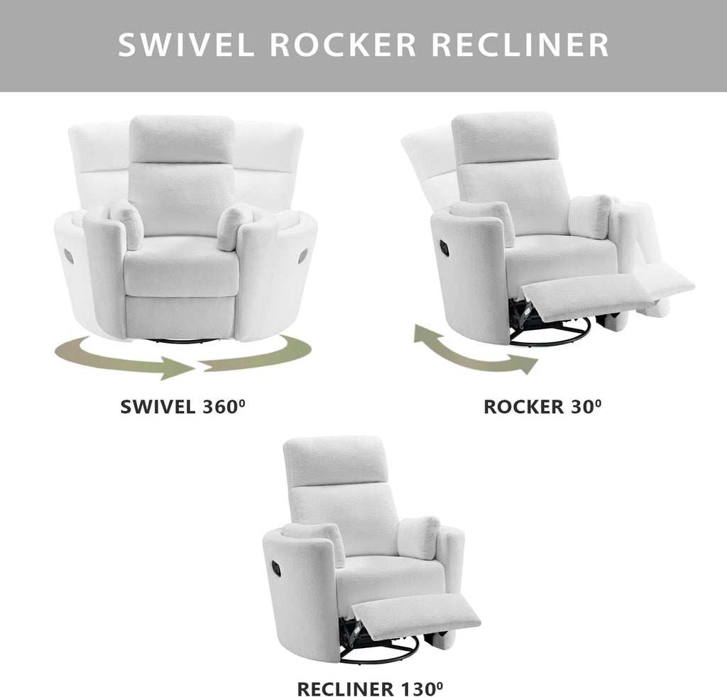 Soho Baby Nottingham Upholstered Glider Recliner Rocking Chair 360° Swivel for Nursery and Living Room, Plush White