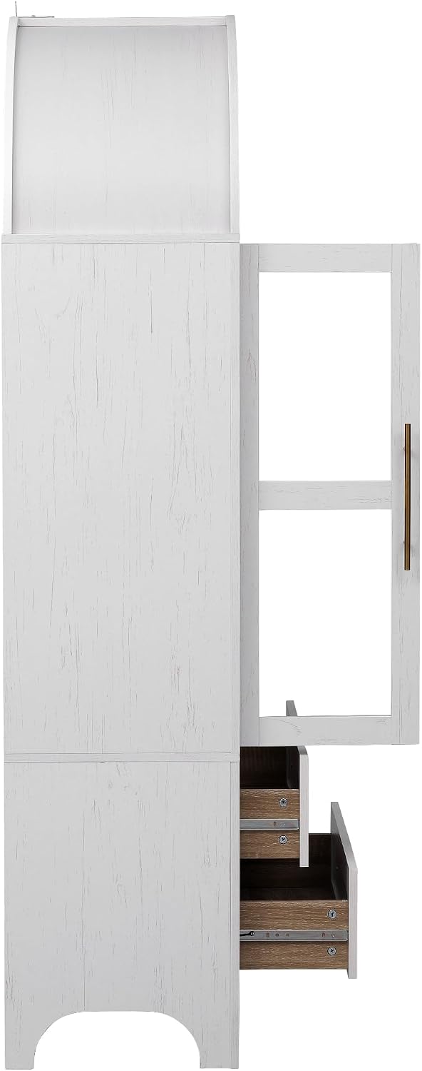 71" White Arched Farmhouse Kitchen Pantry Cabinet with Glass Doors & 2 Soft-Close Drawers, Versatile Storage Hutch Cabinet with Adjustable Shelves for Pantry Organization, Kitchen or Dining Room