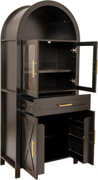 CIATRE 71" Tall Farmhouse Pantry Cabinet with Glass Barn Door, Arched Kitchen Storage Cabinet with Adjustable Shelves & Door Rack, Freestanding Cupboard for Kitchen, Dining Room, Entryway (Black)