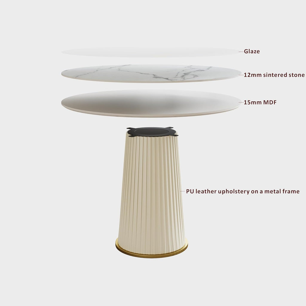 Round Dining Table with Marble Grain Top for 4-6 People,35.43 Inches Dining Room Table with Pleated PU Leather Pedestal Base, Circle Kitchen Tables for Dining Room, Kitchen, Living Room