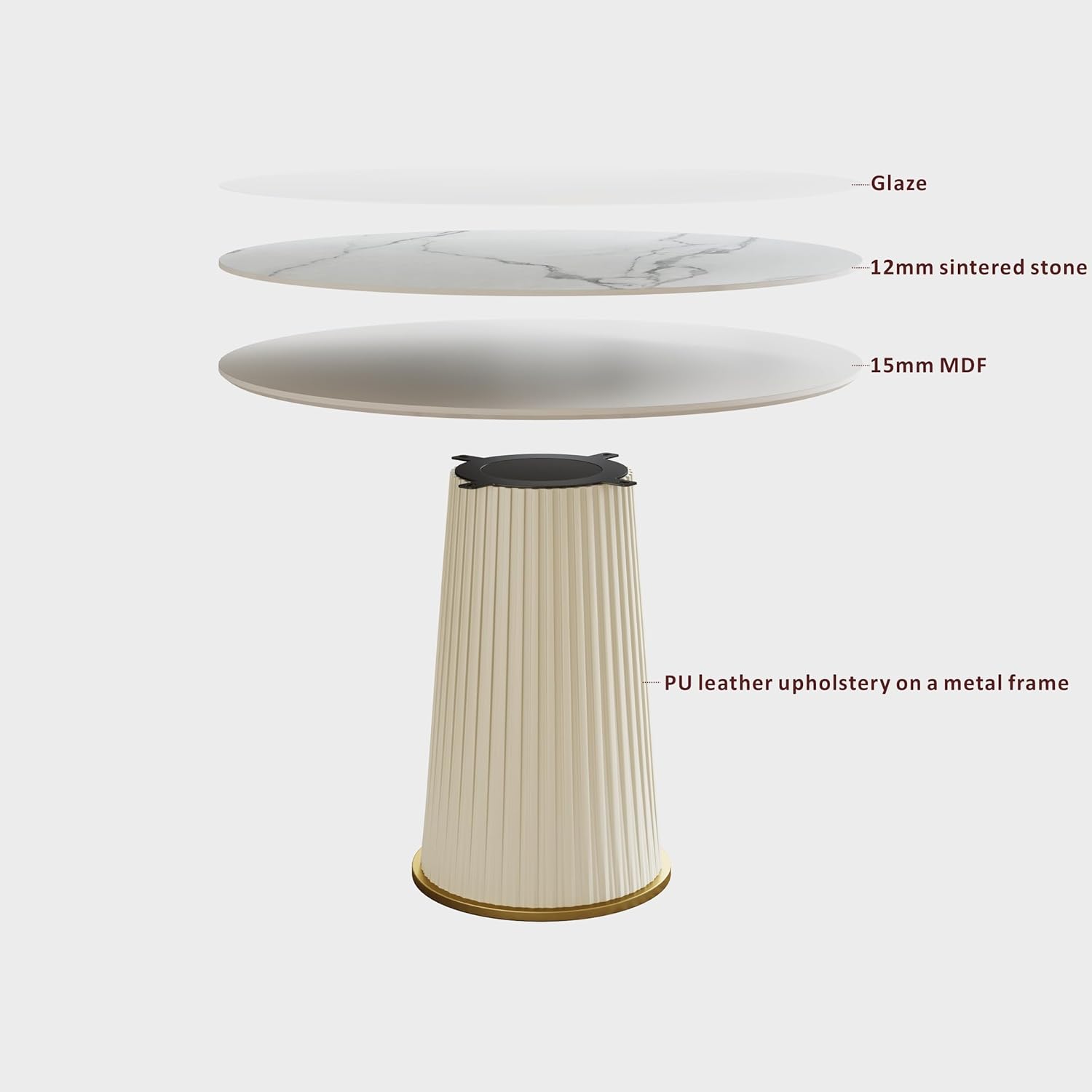 Round Dining Table with Marble Grain Top for 4-6 People,35.43 Inches Dining Room Table with Pleated PU Leather Pedestal Base, Circle Kitchen Tables for Dining Room, Kitchen, Living Room
