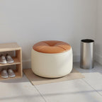 Round Padded Stool Light Sophisticated Design Round Padded Footstool Solid Wood Frame Entryway Shoe Stool for Kids, Bedroom, White-Orange