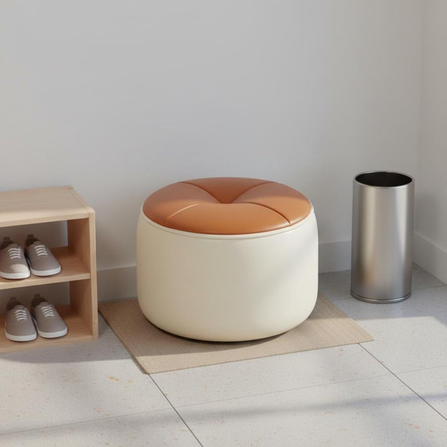 Round Padded Stool Light Sophisticated Design Round Padded Footstool Solid Wood Frame Entryway Shoe Stool for Kids, Bedroom, White-Orange