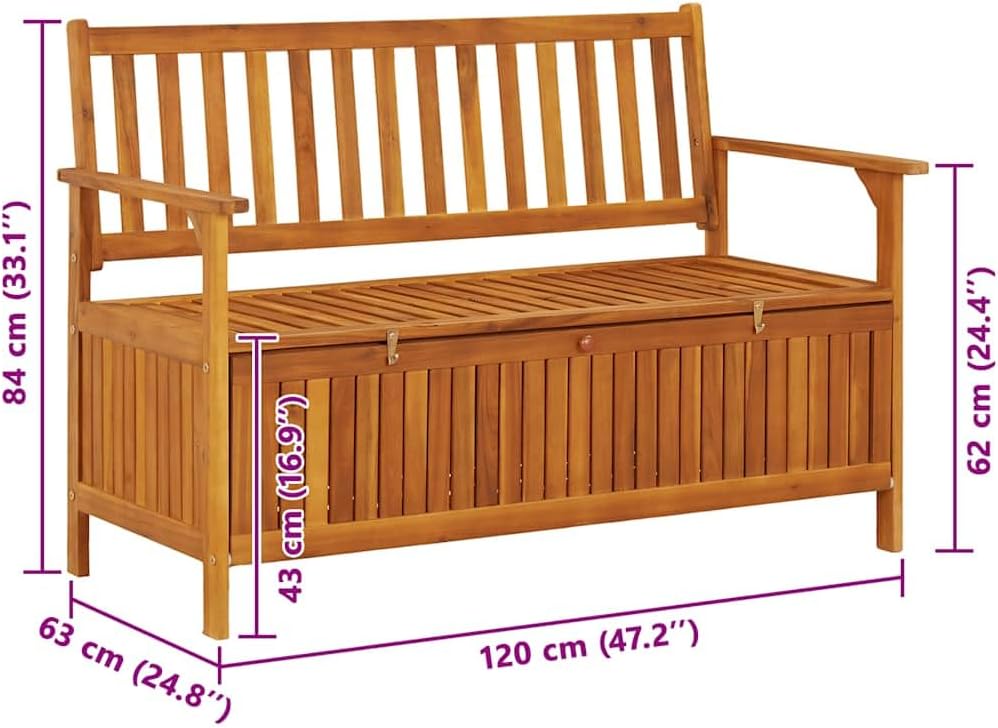 Patio Storage Bench Solid Acacia Wood 47.2 Inch Outdoor Garden Seat with Backrest Armrests Large Storage Compartment for Porch Deck Yard Relax