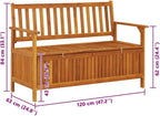 Patio Storage Bench Solid Acacia Wood 47.2 Inch Outdoor Garden Seat with Backrest Armrests Large Storage Compartment for Porch Deck Yard Relax