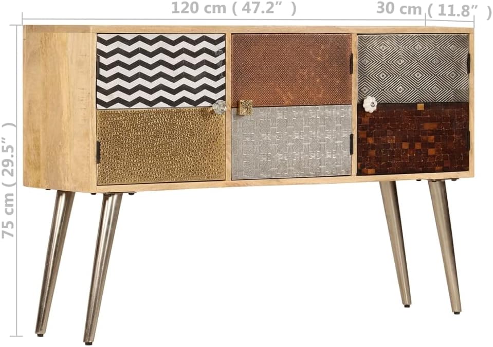 Solid Mango Wood Sideboard with Multicolored Patterns, 3 Compartments Storage Cabinet for Dining Room Living Room Entryway, Modern Furniture with Decorative Inlays and Sturdy