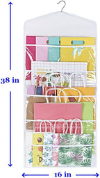 ProPik Hanging Double Sided Gift Bag Storage Organizer with Multiple Front and Back Pockets - Organize Your Gift Wrap, Tissue Paper, and Paper Bags 38 x 16 Inch PVC (White)