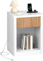 CHOEZON Fluted Nightstand with Charging Station, 19" Wide Side Table with Drawer, Bedside Table with Open Compartment, End Table Sofa Side Table for Bedroom, White and Natural MBZ14UWN