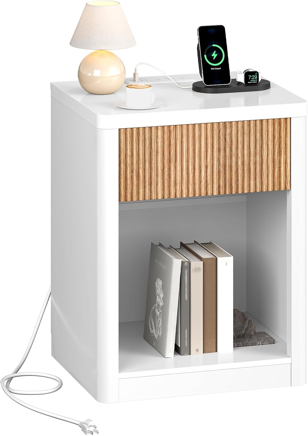 CHOEZON Fluted Nightstand with Charging Station, 19" Wide Side Table with Drawer, Bedside Table with Open Compartment, End Table Sofa Side Table for Bedroom, White and Natural MBZ14UWN