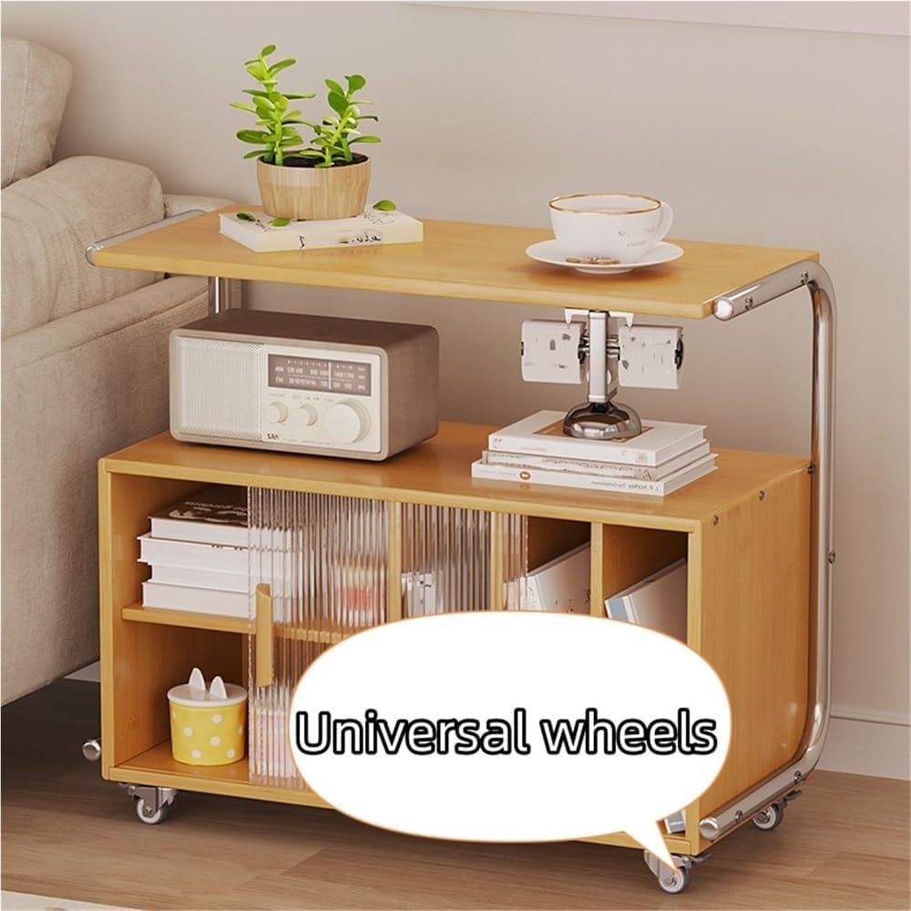 Modern Rolling Side Table End Table with Storage 360° Rollers Movable Night Stand Utility Cart Corner Table for Living Room Creative idea(Natural)
