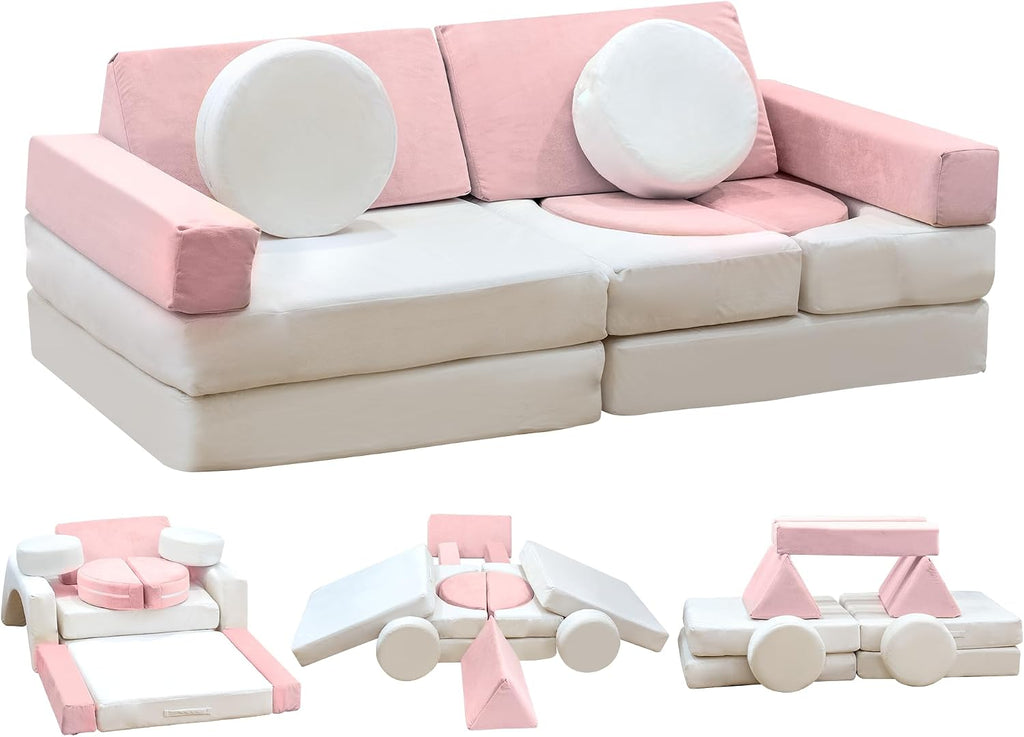 13PCS Modular Kids Play Couch with Washable Velvet Cover, Modular Couch for Boys and Girls, Convertible Foam and Floor Cushion for Nursery Playroom, Pink & Beige