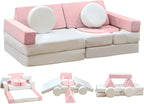 13PCS Modular Kids Play Couch with Washable Velvet Cover, Modular Couch for Boys and Girls, Convertible Foam and Floor Cushion for Nursery Playroom, Pink & Beige