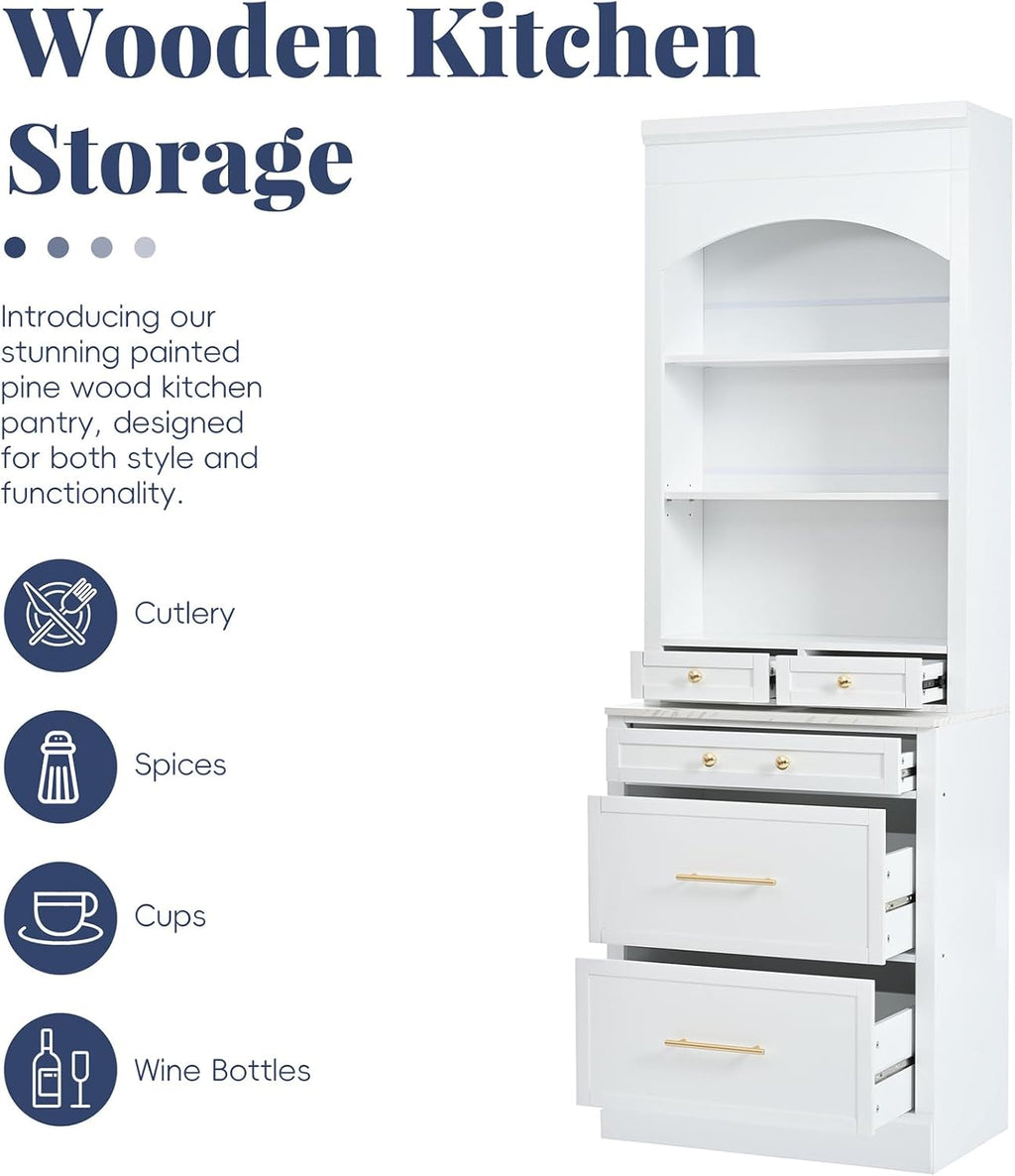 83.7” Tall Kitchen Pantry Storage Cabinet, Wooden Storage Cabinet with 5 Drawers and Adjustable Shelves, Bathroom Storage Cabinet with Open Compartments, Freestanding Cupboard for Kitchen, White