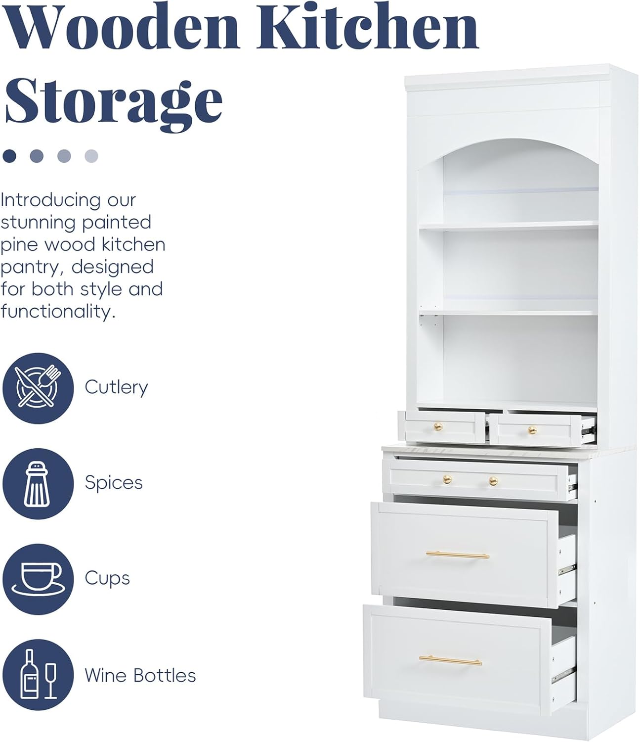 83.7” Tall Kitchen Pantry Storage Cabinet, Wooden Storage Cabinet with 5 Drawers and Adjustable Shelves, Bathroom Storage Cabinet with Open Compartments, Freestanding Cupboard for Kitchen, White