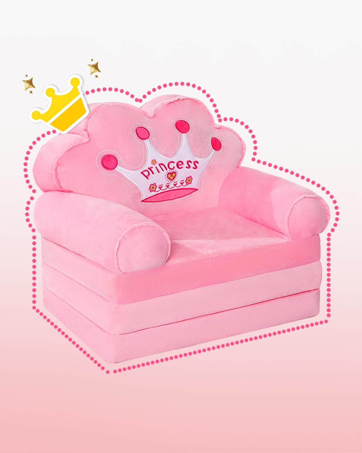 MOONBEEKI Kids Couch Fold Out, Foldable Princess Chair for Toddlers 1-3, Kids Furniture for Playroom, Gift for Birthday Christmas and Halloween, Pink