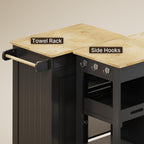 Gizoon Kitchen Island Cart with Solid Wood Top, Rolling Serving Utility Trolley Cart with Drawer, Cabinet, Towel Rack, Hooks and 3 Open Storage Shelves, Mobile Storage Cart for Dining Room, Bar, Black