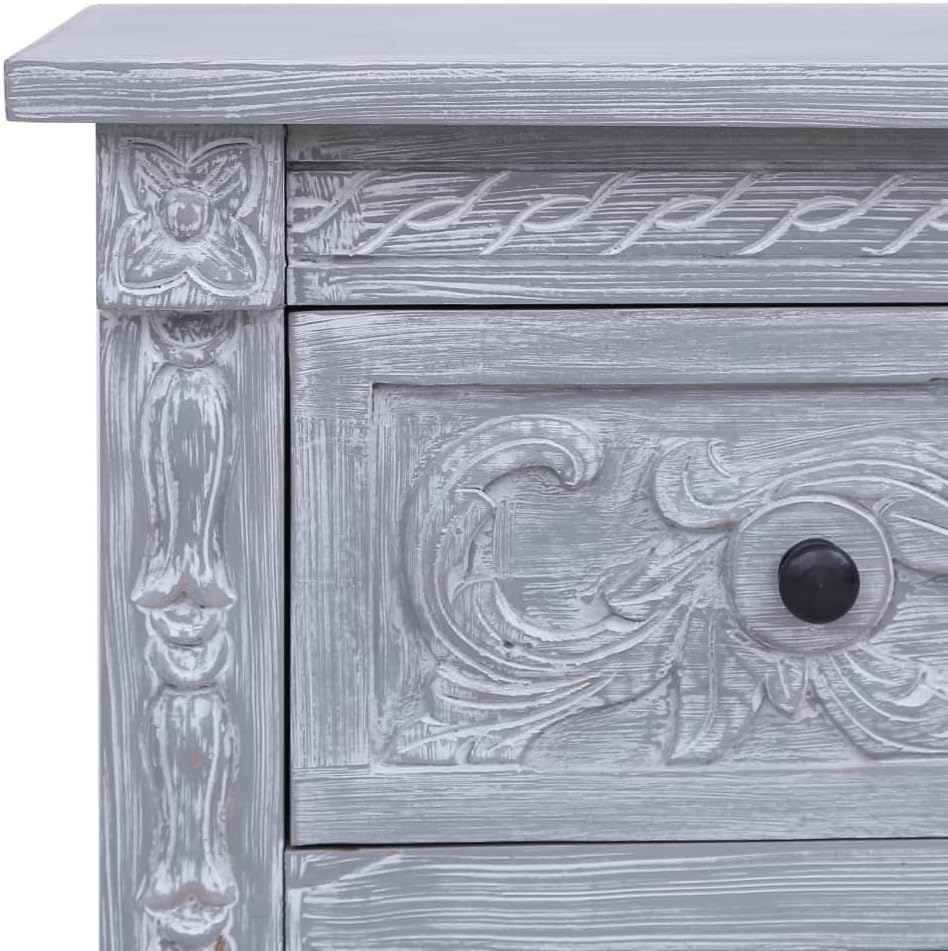 Mid-Century Modern Sideboard with Grey Wash Finish Solid Mahogany Wood Two Drawers for Dining Room Living Room Office Storage