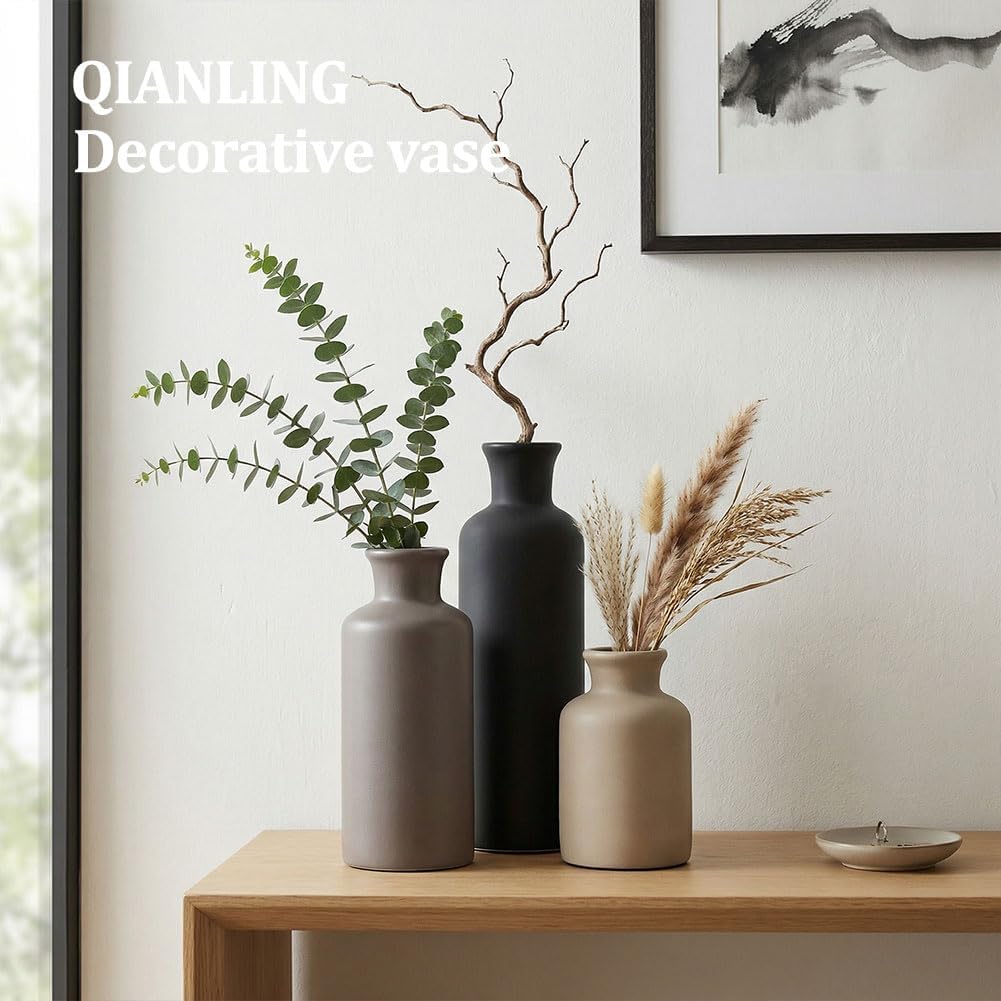 Ceramic Vase Set of 3 - Modern Neutral Vases for Home Decor Rustic Farmhouse Decor Pampas Vase for Table Mantel Entryway Shelf Living Room Kitchen Bathroom