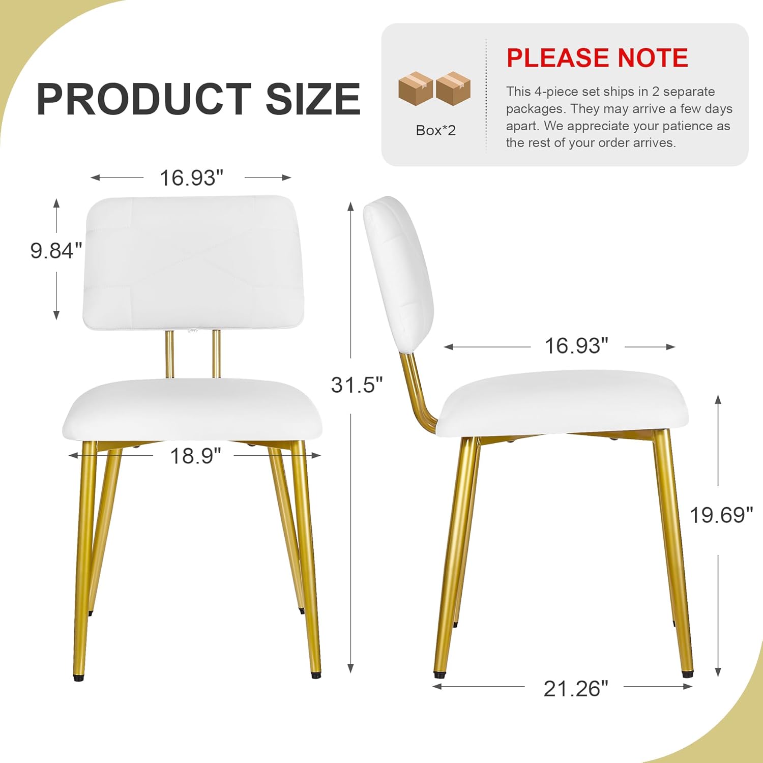 VECELO Dining Chairs Set of 4, Modern Upholstered Kitchen Chairs with Faux Leather Cushion Seat & Metal Legs for Kitchen, Living Room, Tufted Backrest Design, White