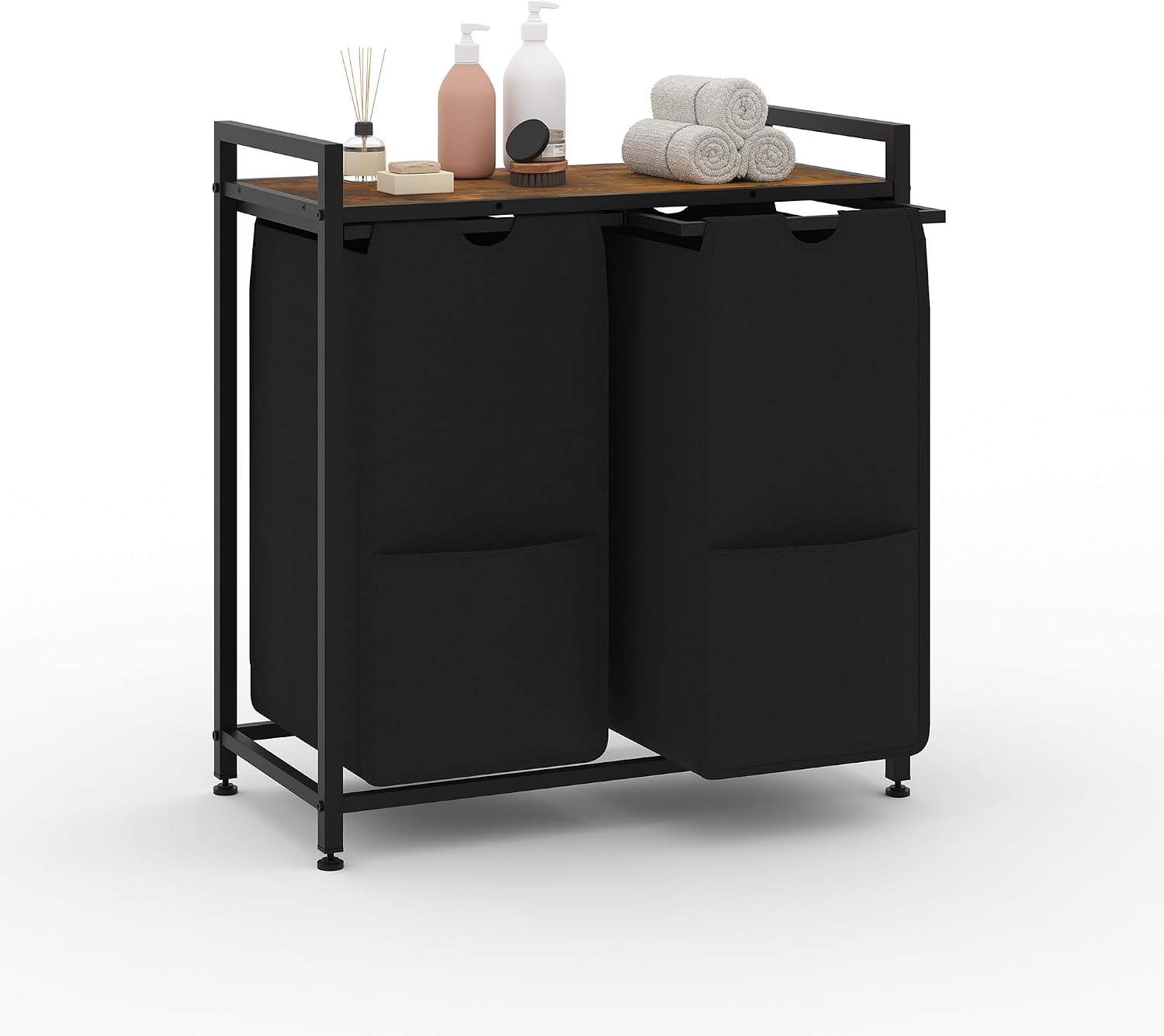 Laundry Sorter, Freestanding Black Hamper Basket, 2 Section Organizers and Storage, Pull-Out Fabric Bags, 100lb Capacity MDF Shelf, Metal Frame, 48L Bags, 26.8x13x28.5 Inch
