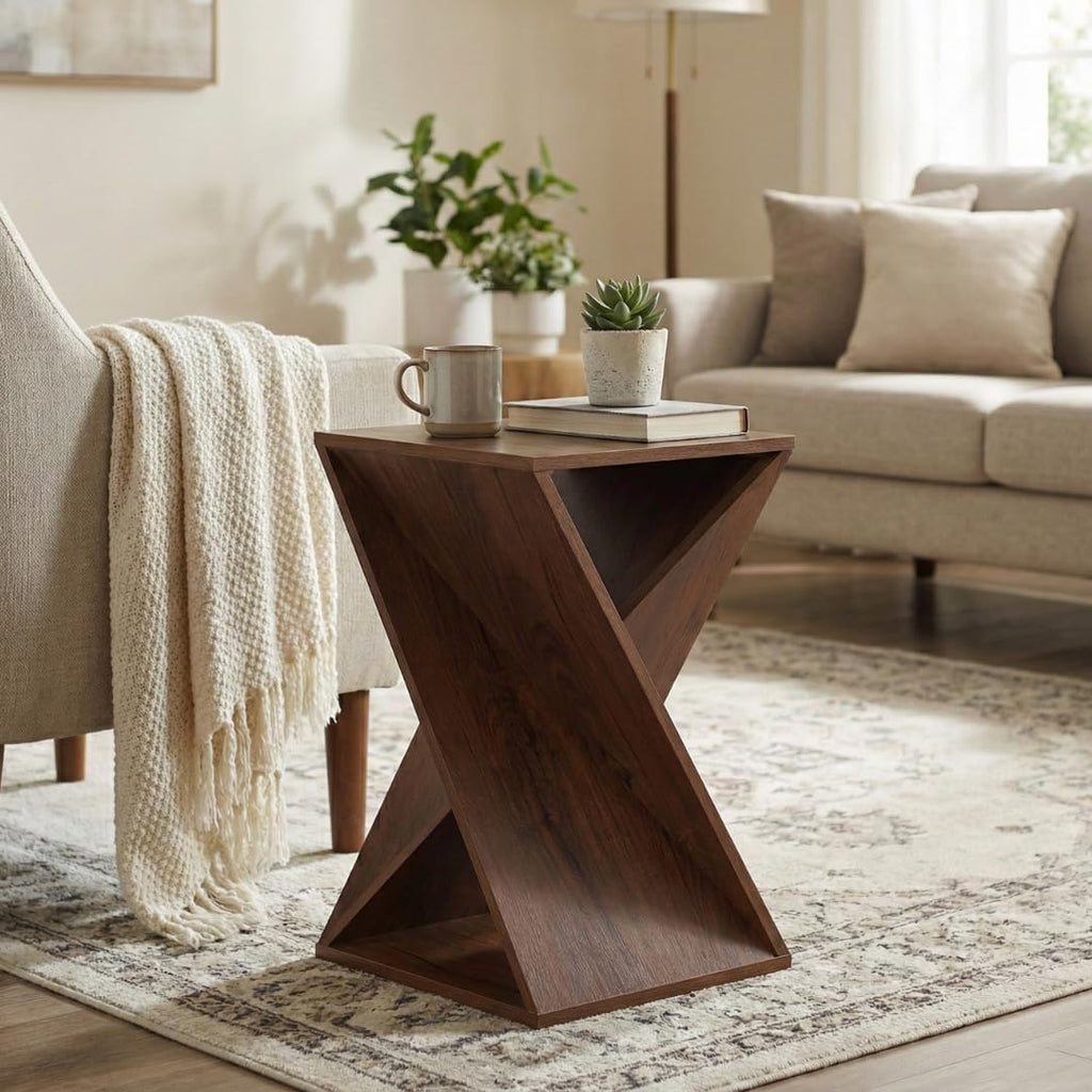 Modern One-of-a-Kind Twisted End Table, Farmhouse Side Table, Farmhouse, Living Room, Bedroom Accent Table, Contemporary Architectural Designed - Walnut