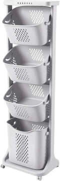 4-Tier Vertical Laundry Hamper Sorter with Wheels, Removable Vertical Rolling Laundry Basket, 4 Section Sorters Cart for Small Space, Dorm, Closet, Bathroom Grey-4Layer