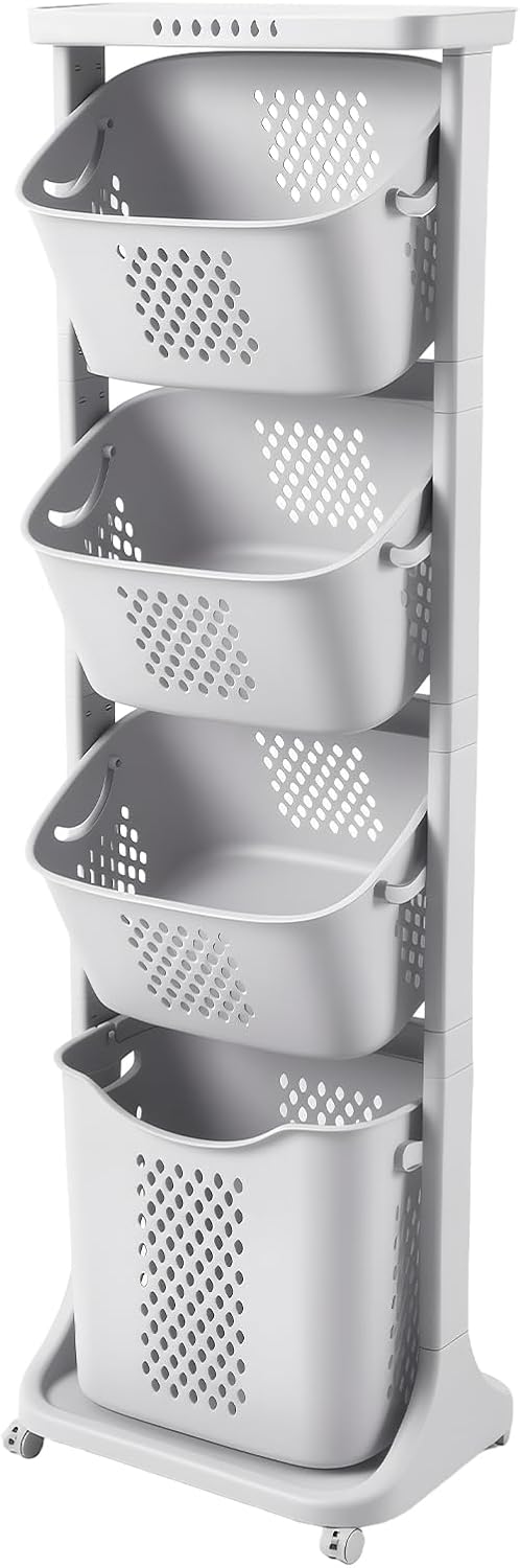 4-Tier Vertical Laundry Hamper Sorter with Wheels, Removable Vertical Rolling Laundry Basket, 4 Section Sorters Cart for Small Space, Dorm, Closet, Bathroom Grey-4Layer