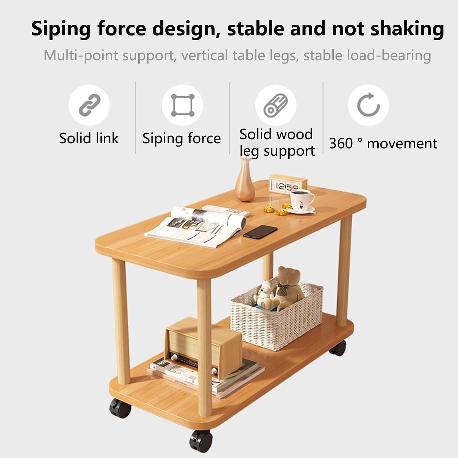 2-Tier End Table with Wheels, Compact MDF Wooden Bedside Nightstand Simple Side Table 150Lbs Narrow End Tables for Small Spaces Bedroom Living Room Entryway Wooden Color
