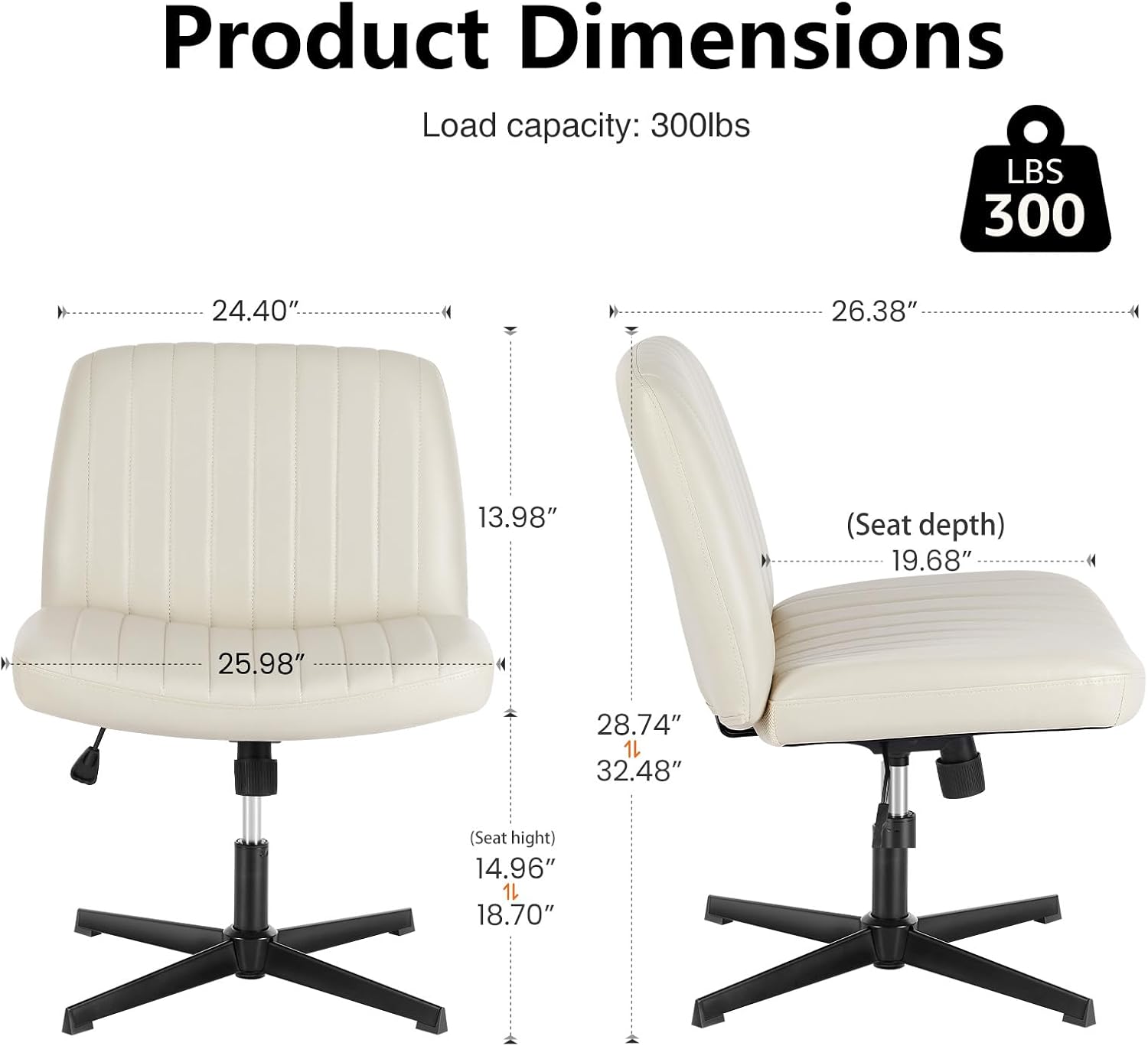 DUMOS Criss Cross Chair No Wheels, Wide Seat Cross Legged Office Desk Vanity Chair, Faux Leather Armless Height Adjustable Swivel Task Computer Chairs for Home, Study, Beige PU