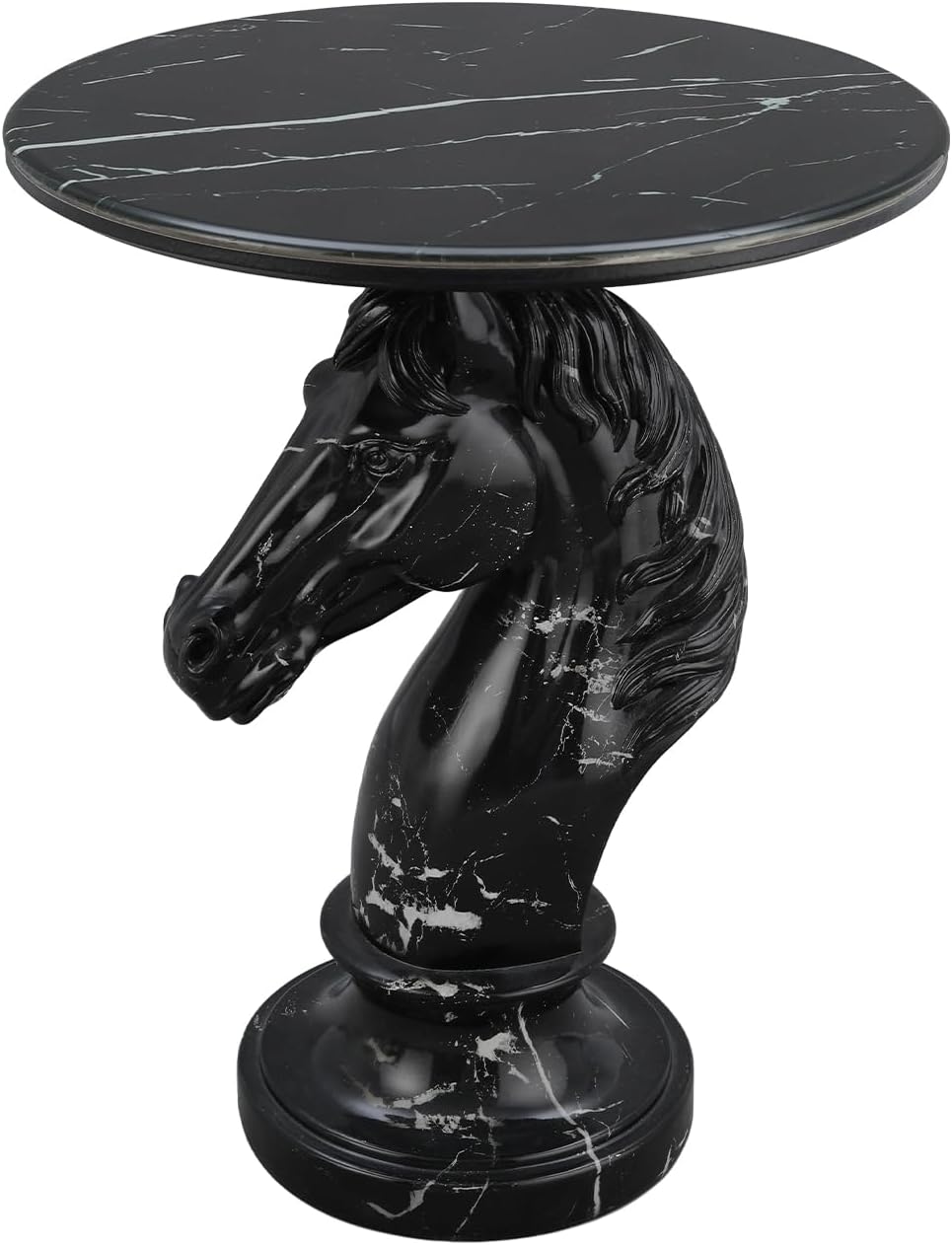 Sleek Black Horse End Table - Gothic Style 23.62 Inch Resin Knight Statue Side Table, Round Faux Marble Top Accent Table for Living Room, Minimalist Chess Piece Sculpture Furniture, 22.05 LBS