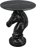 Sleek Black Horse End Table - Gothic Style 23.62 Inch Resin Knight Statue Side Table, Round Faux Marble Top Accent Table for Living Room, Minimalist Chess Piece Sculpture Furniture, 22.05 LBS