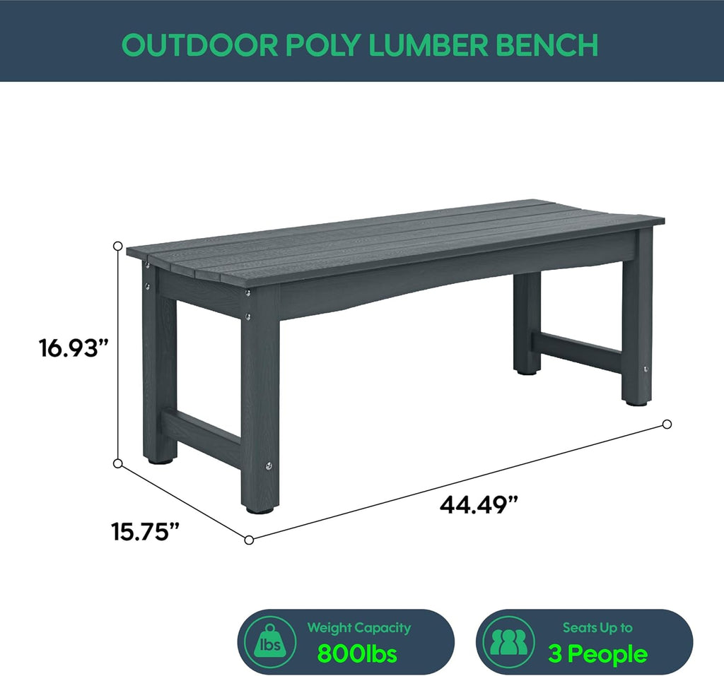 Weatherproof HIPS Outdoor Bench, 2-Person Patio Dining Bench, All-Weather Poly Lumber Garden Bench, Never Rot or Fade, Park Bench with Wood Grains for Porch, Garden, Deck, Entryway, Grey
