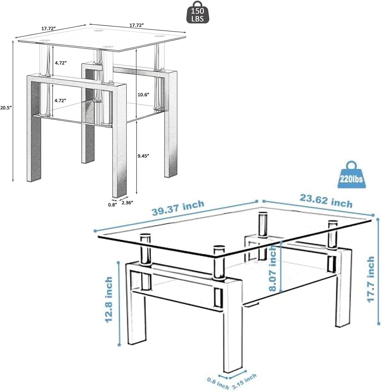 Living Room Tables Set,3 Piece Glass Coffee Table and End Tables Set with Tempered Glass Tabletop and Metal Frame for Living Room,Apartment, Small Space, Full Black