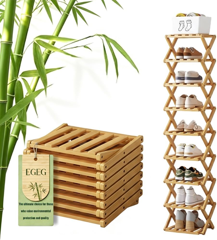 9-Tier No-Assembly Bamboo Shoe Rack, Space Stackable Multi-Storage Organizer, Strong Load-Bearing Capacity, Space-Saving, for Entryway Hallway Closet Bedroom Living Balcony, Natural eco-Friendly‌