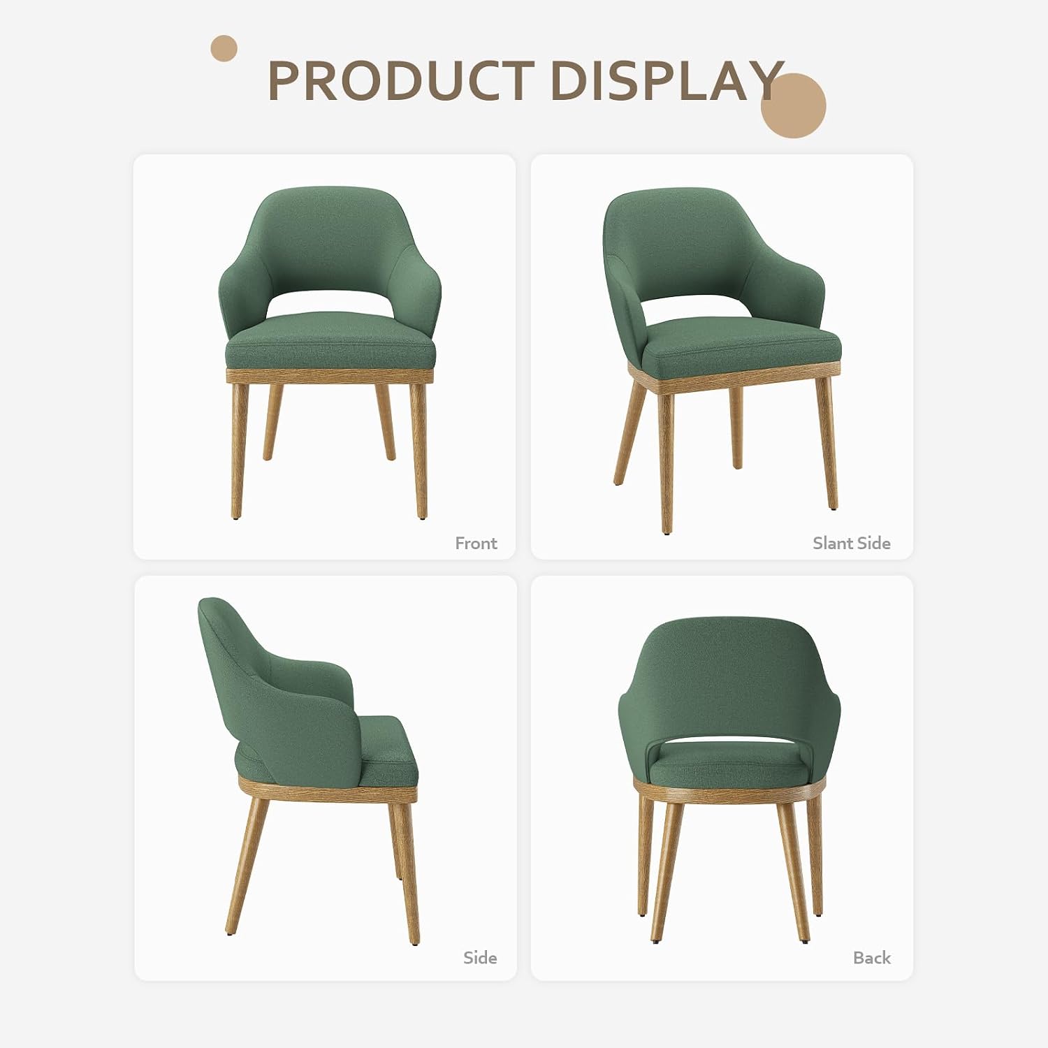 MALOL Wooden Dining Chairs Set of 2, Modern Fabric Upholstered Dining Room Chair, Kitchen Side Chairs, Farmhouse Dinner Chair with Open Back for Kitchen, Green