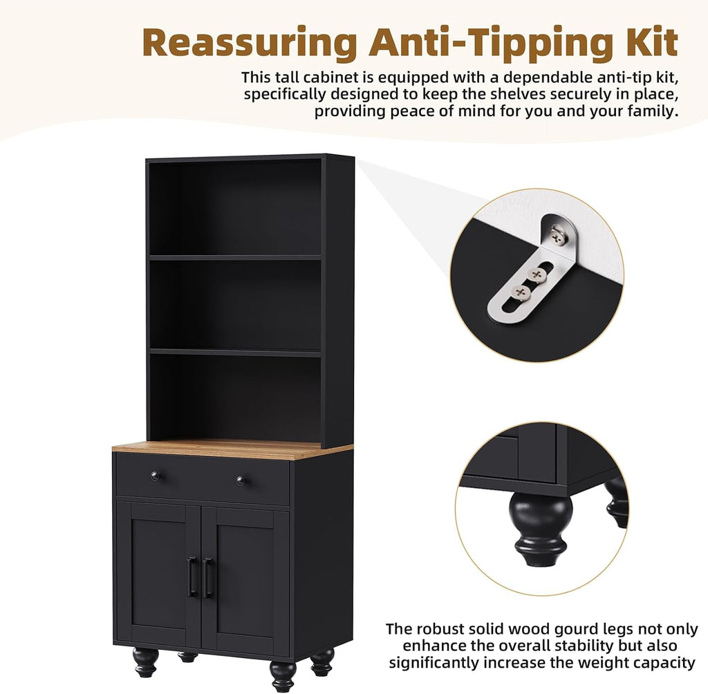 Black Kitchen Hutch Storage Cabinet, 23.6" W Small Kitchen Pantry Cabinet with Microwave Stand Freestanding Kitchens Pantry Storage Cabinet with 2 Doors, 1 Drawer and 2 Shelves, Black