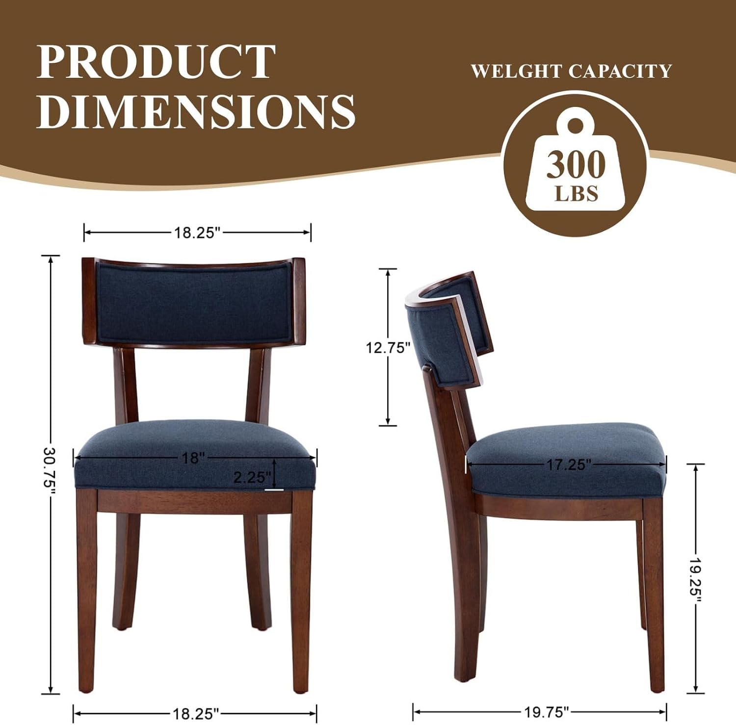 Blue Dining Chairs Set of 6, Upholstered Linen Fabric Dining Room Chairs with Curved Backrest, Armless Solid Wood Farmhouse Kitchen Side Chairs for Dining/Living Room, Blue