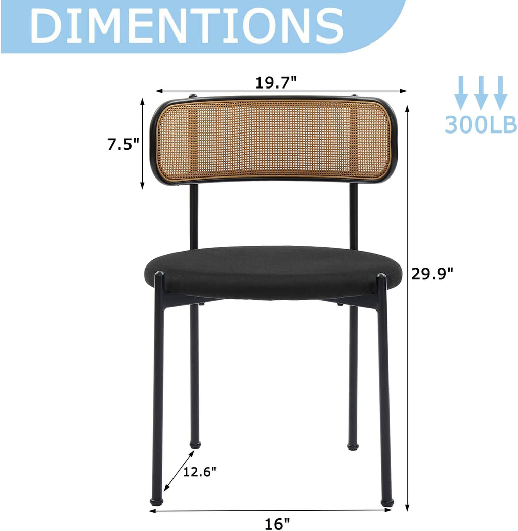Rattan Dining Chairs Set of 2, Kitchen Chairs with Curved Cane Backrest &Metal Legs, Modern Dining Room Chair, Round Upholstered Sherpa Chair for Living Room, Black