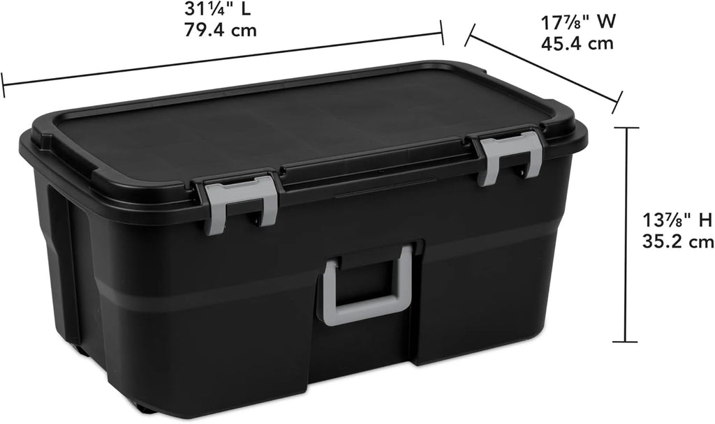 22 Gallon Large Rolling Footlocker, Heavy Duty Plastic Storage Trunk with Wheels and Lockable Handle, Black, 31" x 18" x 14"