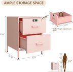 Steehoom 2 Drawer End Side Table with Lock Metal Nightstand, Lockable Storage Cabinet Kids Cabinet for Living Room, Bedroom, Dorm, 21.26”H X 15.75”W X 15.75”D (2 Drawer, Pink)
